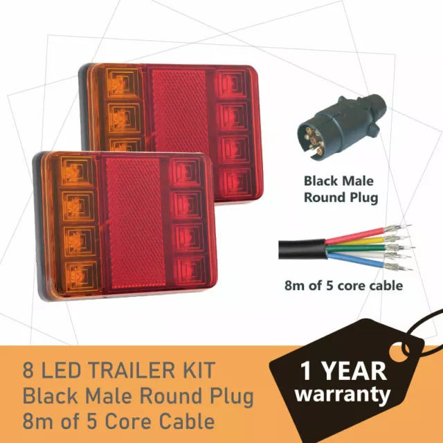 Pair of 8 LED Trailer Lights Kit - 1 x Trailer Plug, 8M x 5 CORE CABLE 12V