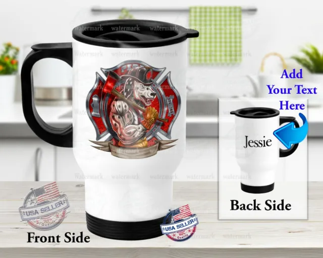 Personalized Stainless Steel Tumbler 14oz Travel Mug Firefighter Dog with Name