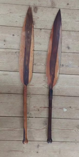 Pair Of African Vintage Wooden 34.5" Carved Paddles Spears Ethnic Wall Art