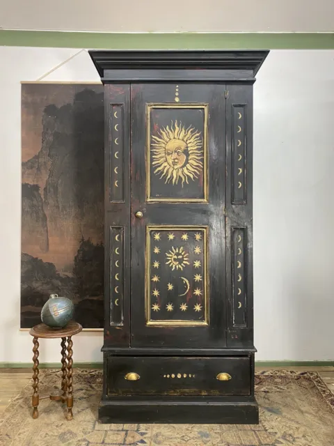 Vintage Painted Pine Wardrobe With Inlaid Sun And Moon Design