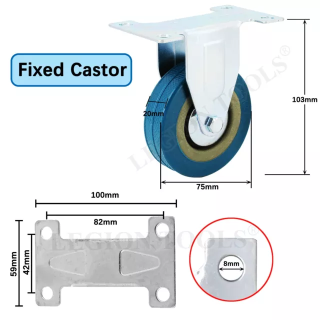 Castor Wheels 3" 75mm 3 inch Heavy Duty Fixed/Swivel/Brake Caster Grey Rubber 3