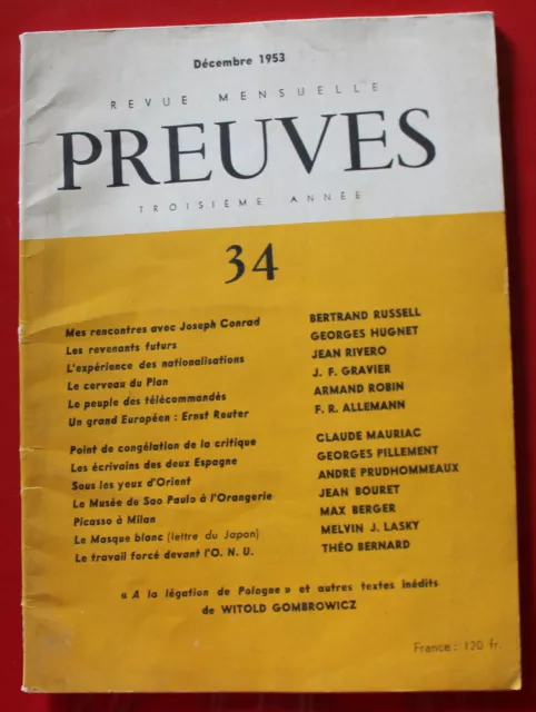 PREUVES - Revue n°34 (1953) W Gombrowicz, Georges Hugnet, Picasso, Ernst Reuter