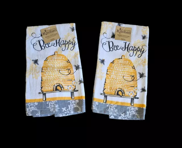 Kay Dee Designs Kitchen Towels BEE HAPPY Set Lot of 2 Honeycomb Cotton New NWT