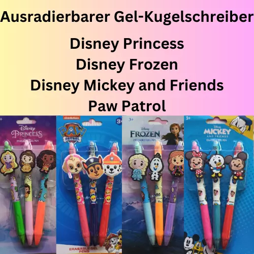 Radierbarer Gel-Kugelschreiber 3er Set, Paw Patrol, Disney, Gelstifte für Kinder
