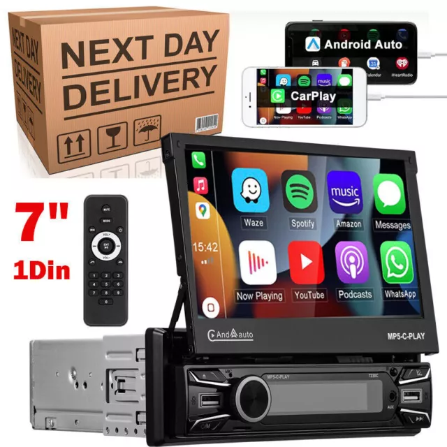 Single 1 Din 7" Car Stereo Radio Android/Apple Carplay Bluetooth Flip Out Player