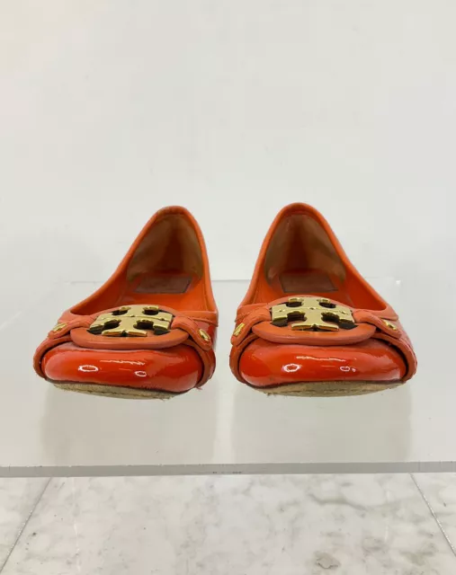 Tory Burch Dark Orange Textured Patent Leather Logo Accent Slip-On Flats 7.5