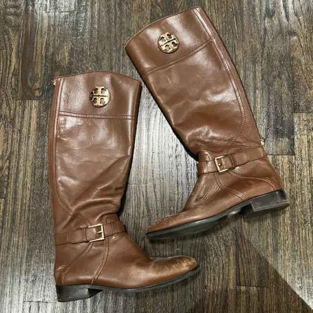 TORY BURCH Adeline Riding Tall BOOTS 7.5 Leather Almond Brown Gold Logo