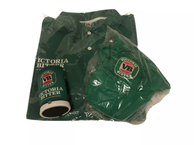 VB Victoria Bitter Beer Men's Green XL Polo Shirt, Stubby Holder & Cap - New