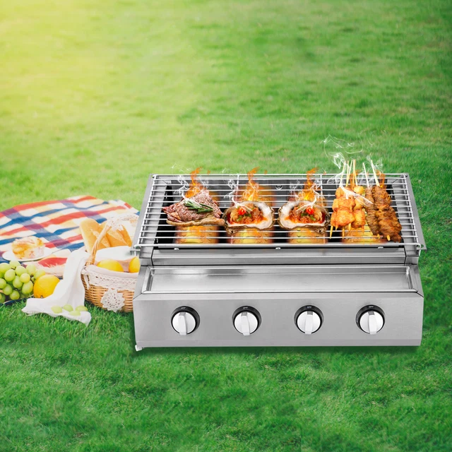 Edelstahl-Brenner Gasgrill Gasbräter 4-flammig LPG Gastro BBQ Tischgrill NEU