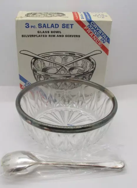 FB Rogers Silver Co. 3 PC Salad Bowl Set Silverplated Rim Hand Cut Crystal w/Box