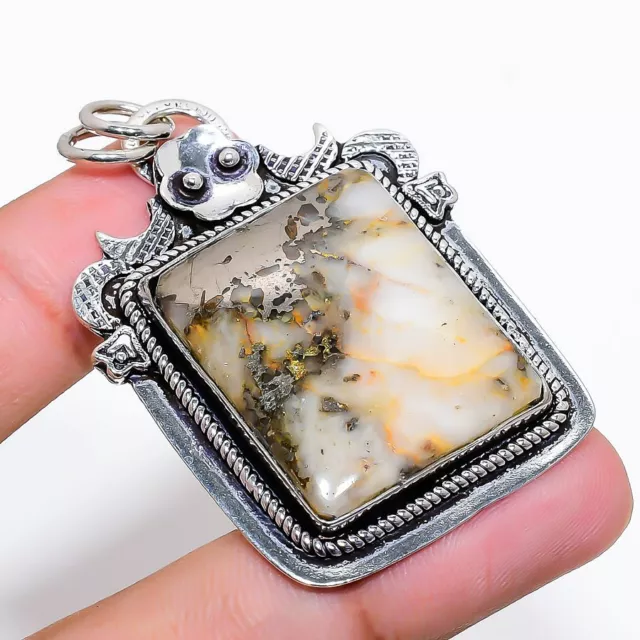 Agate En Pyrite Pierre Précieuse Handmade Argent Bijoux Pendentif 5.6cm