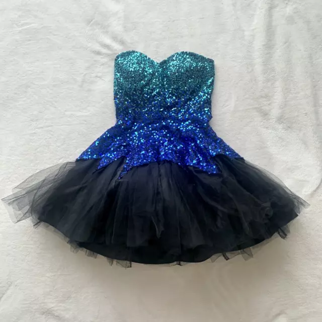 DEB Party Dress Ombre Black Tulle BlueTeal Sequins Strapless Prom Short SZ 3/4