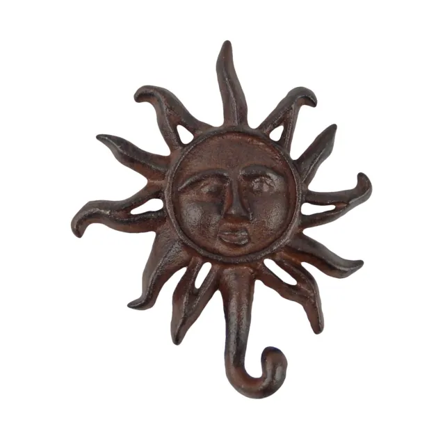 Sun Face With Rays Wall Hook Cast Iron Key Towel Coat Hanger Rustic Brown