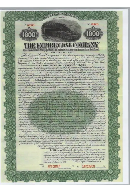 The Empire Coal Company...."Specimen" First Consolidated Mortgage Gold Bond
