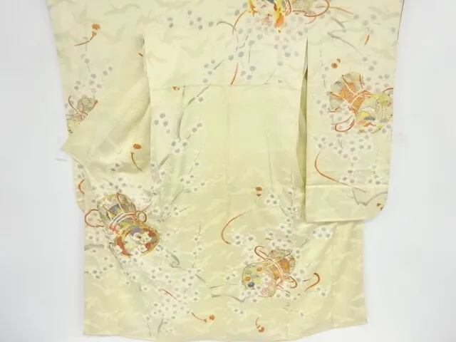 09851# Japanese Kimono / Antique Furisode / Embroidery / Drum With Phoenix