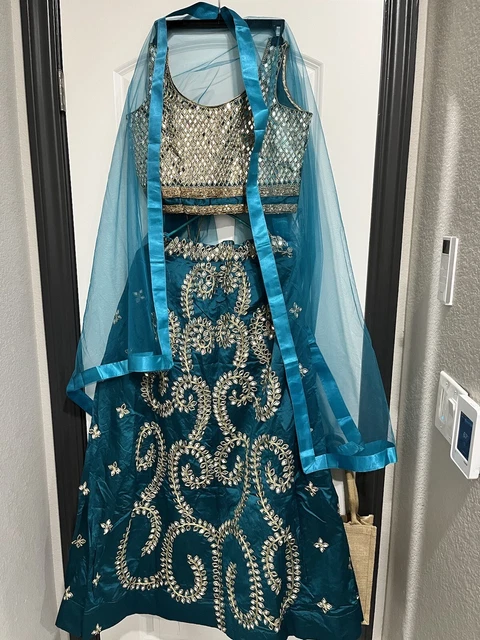 lehenga choli green blue turqoise with mirror work