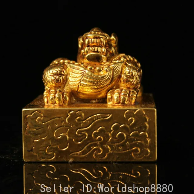 2.4" collection Old Chinese palace copper Gilt Dragon beast Seal Stamp Signet