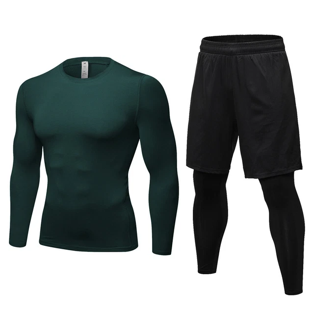 Set 2 pezzi compressione maniche lunghe uomo camicia e pantaloni allenamento set