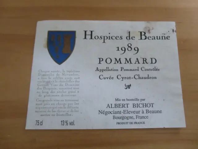 étiquette de vin hospices de Beaune pommard 1989