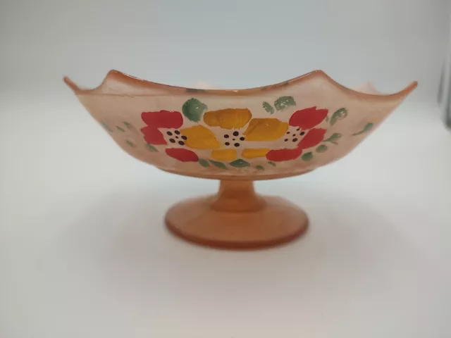 Frosted Pink Depression Glass Footed Bowl Hand Painted Floral Iridescent Swirl