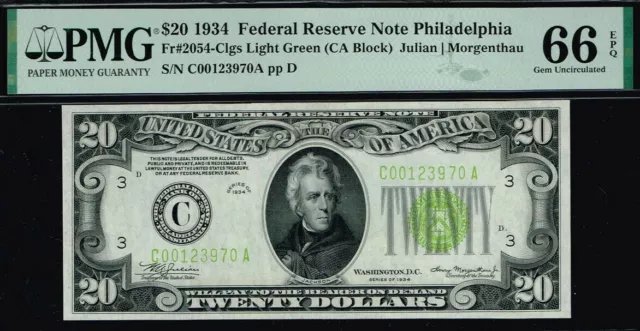 LGS. LIGHT GREEN SEAL. $20 1934 Philadelphia  FRN. Fr. 2054-Clgs. PMG 66 EPQ