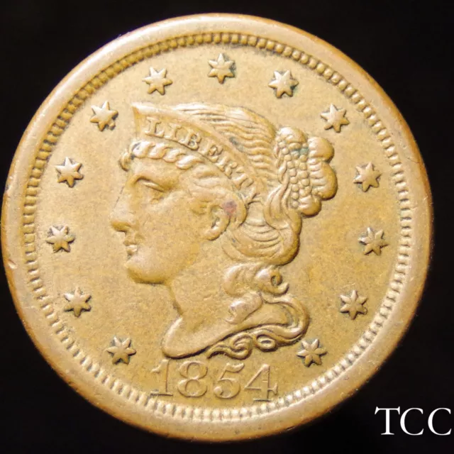 1854 BRAIDED HAIR LARGE CENT ~ AWESOME 1c COIN ~ FREE SHIPPING ~ TCC