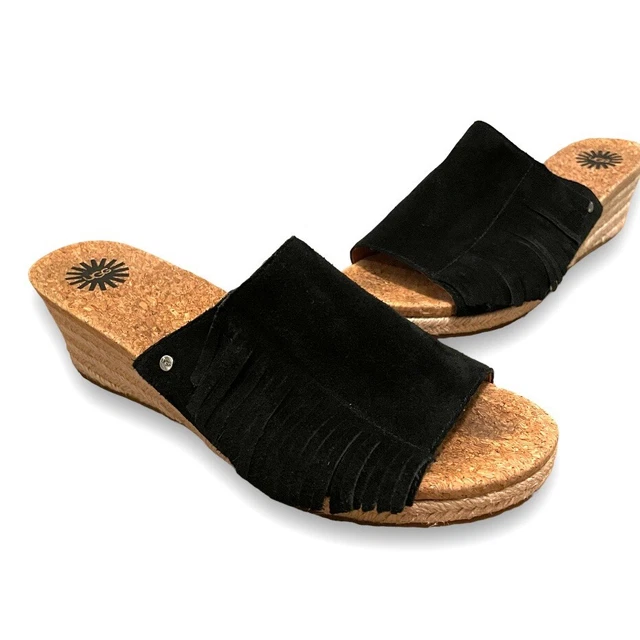 UGG Women’s Danes Suede Fringe Sandals Size 9 US Black Espadrille Wedge Cork