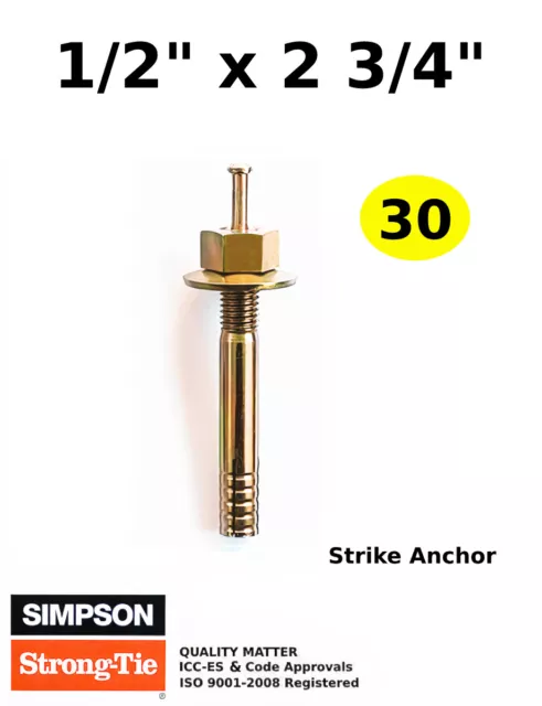 (QTY 30) 1/2 x 2 3/4 Strike Concrete Wedge Anchors Hammer Drive Pin Anchor Bolts