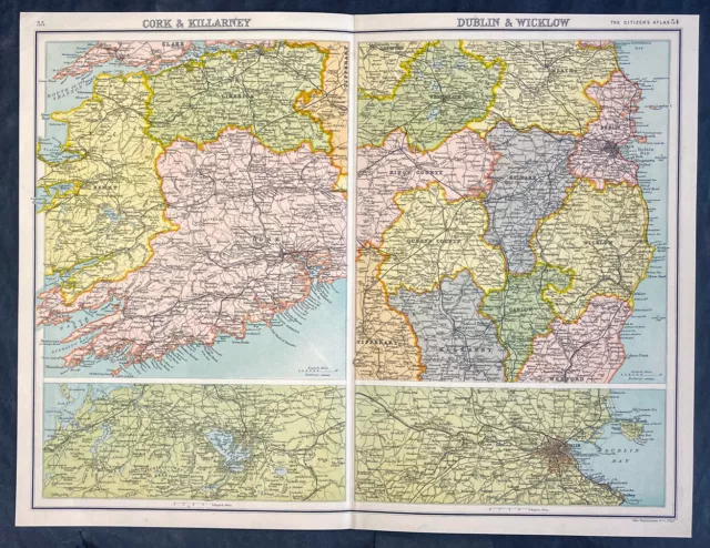 1890 John Bartholomew Large Antique Map of Cork, Killarney Dublin - Ireland