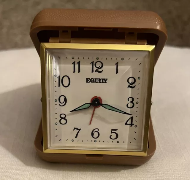 EQUITY CHINA WIND UP PORTABLE TRAVEL ALARM CLOCK Brown Case Tested