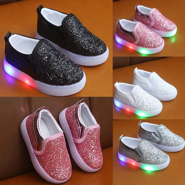 Baby Boys Girls Kids Shoes Toddler Light Up Luminous Sequin Trainers LED Flash