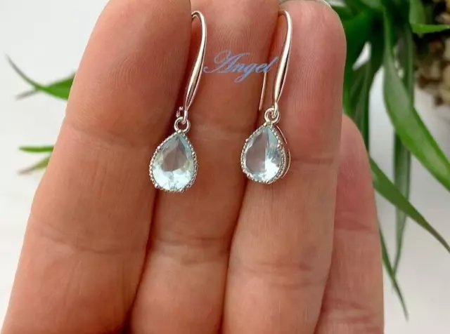 Aquamarine Drop Earrings, 925 Silver Delicate Light Blue Teardrop Gift Earrings