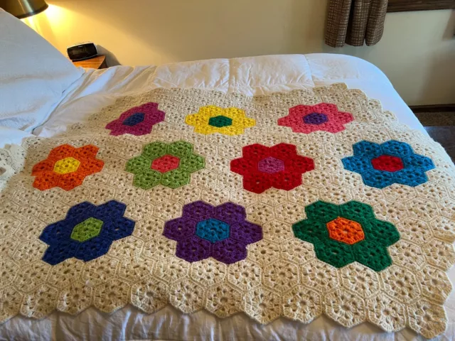 Hand Made Colorful Spring Time Granny Crocheted Afghan Throw Blanket  65” X 40”