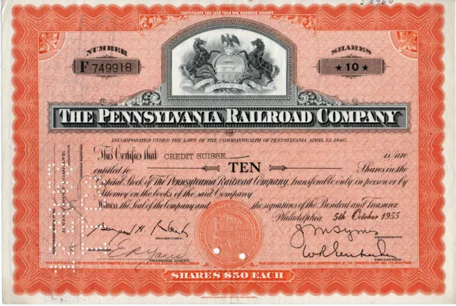 The Pennsylvania Railroad Company Stock Certificate Less Than 100 Shares