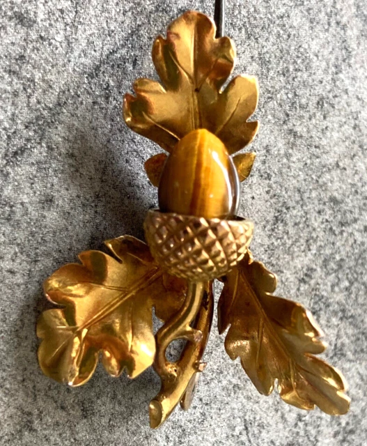 Broche Ancienne 19ème Siècle - Or 18K Feuilles De Chêne Avec œil De Tigre - Poids ~4g