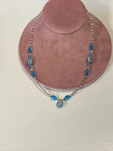 Murano Pink Rosette Aventurine Blue Quartz Crystal Beads Toggle Necklace