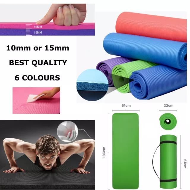 Yoga Mat Gym Mat 10Mm 15Mm Thick Fitness Pilates Workout Gymnastics + Free Strap