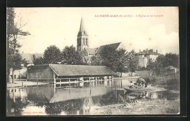 CPA La Ferté-Alais, L´Église et les Lavoirs 1907