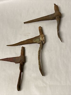 LOT OF 3 LARGER ANTIQUE FORGED WROUGHT IRON SHUTTER DOGS SPIKES STAYS Lot #18