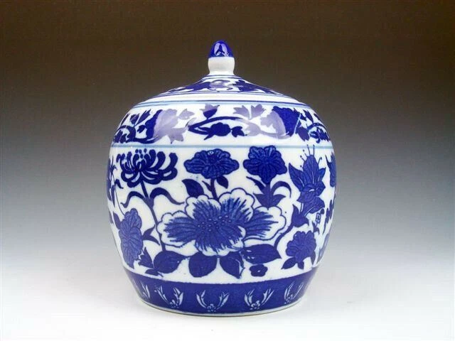 Blue&White Glazed Porcelain Flowers Painted Lidded Tea Caddie Jar #060920