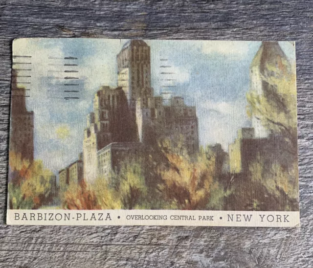VTG Linen c.1954 Barbizon-Plaza Hotel Overlooking Central Park Radio City NYC.