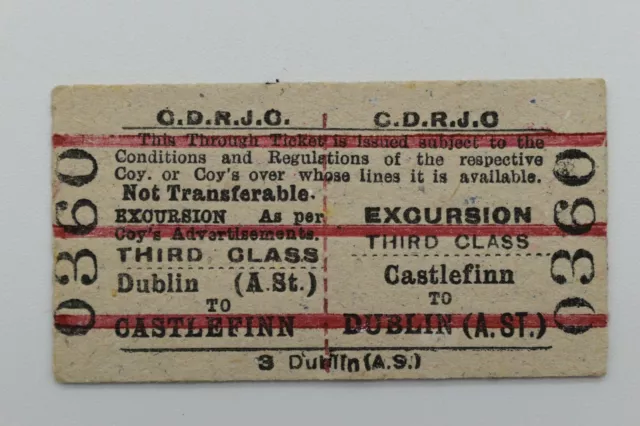Irish - CDRJC Railway Ticket 0360 Castlefin to Dublin (A.ST) 3rd class Excursion