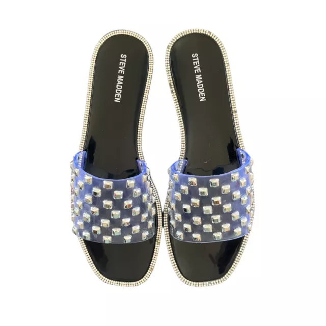 Steve Madden Jynn black silver clear studded rhinestone flip flops Slides size 9
