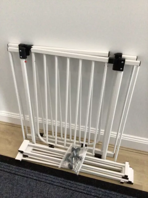 White stair/safety gates (2 identical) with extensions, fittings & manual