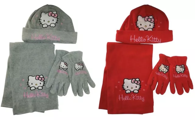 Hello Kitty 6er Winter Accessoire Set mit Mütze, Schal, Handschuhe Rot und Grau