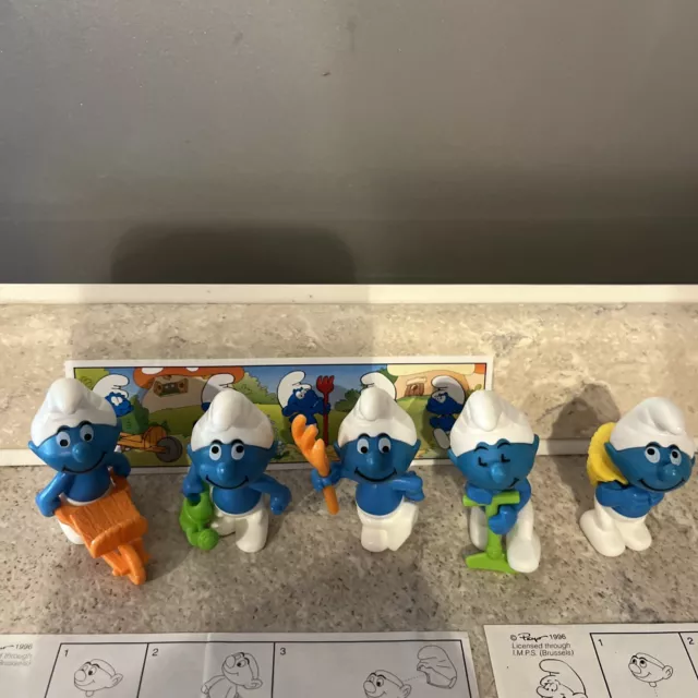 Puffi  contadini 1996 Kinder Serie completa con 5  cartina sorpresine K 97