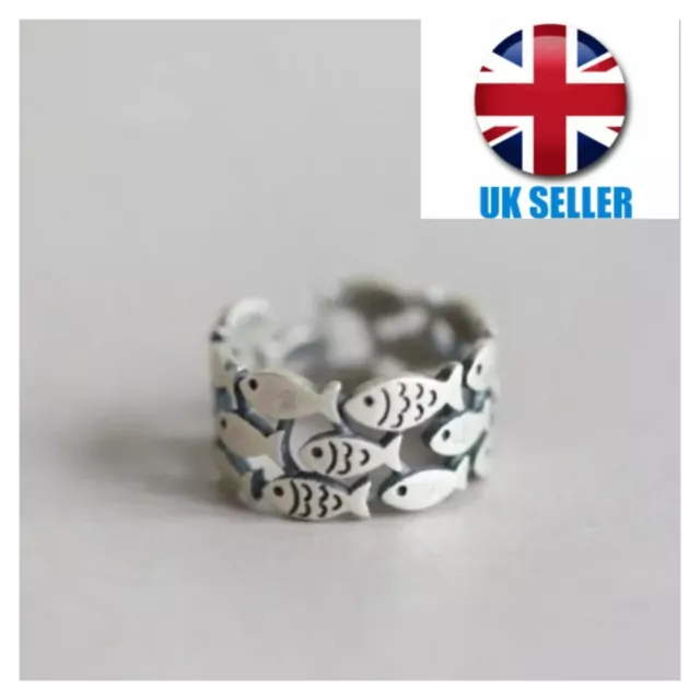 925 Sterling Silver Adjustable Ring Fish link Finger Ring UK