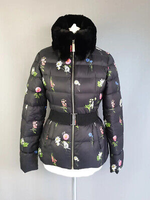 Ted Baker Coat BNWOT Felpa Black Floral down Puffer jacket faux fur SIZE 0 UK 6