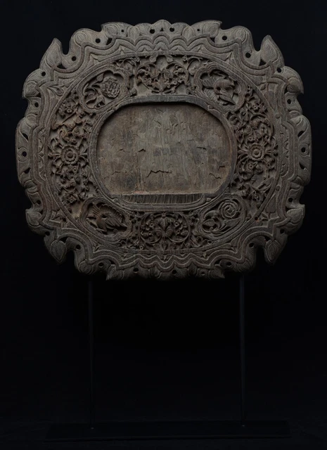 19th Century, Mandalay, Antique Burmese Wood Carving Mirror Frame with Floral
