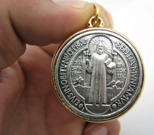 San Benito Medalla 35mm Saint Benedict Cross Silver/Gold Two Tone Medium Medal